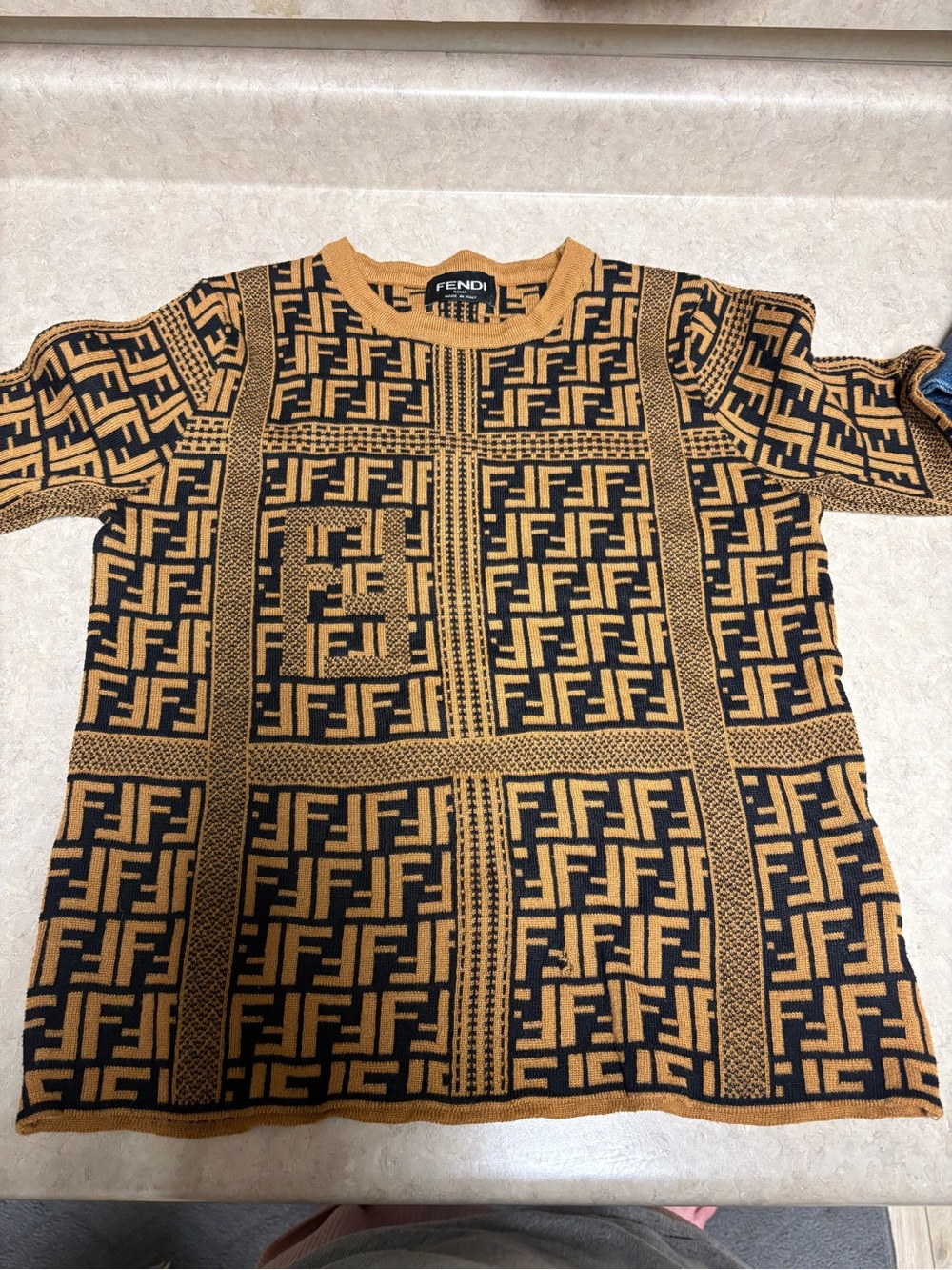 Fendi women’s small Black & Camel FF zucca Logo Knit Top